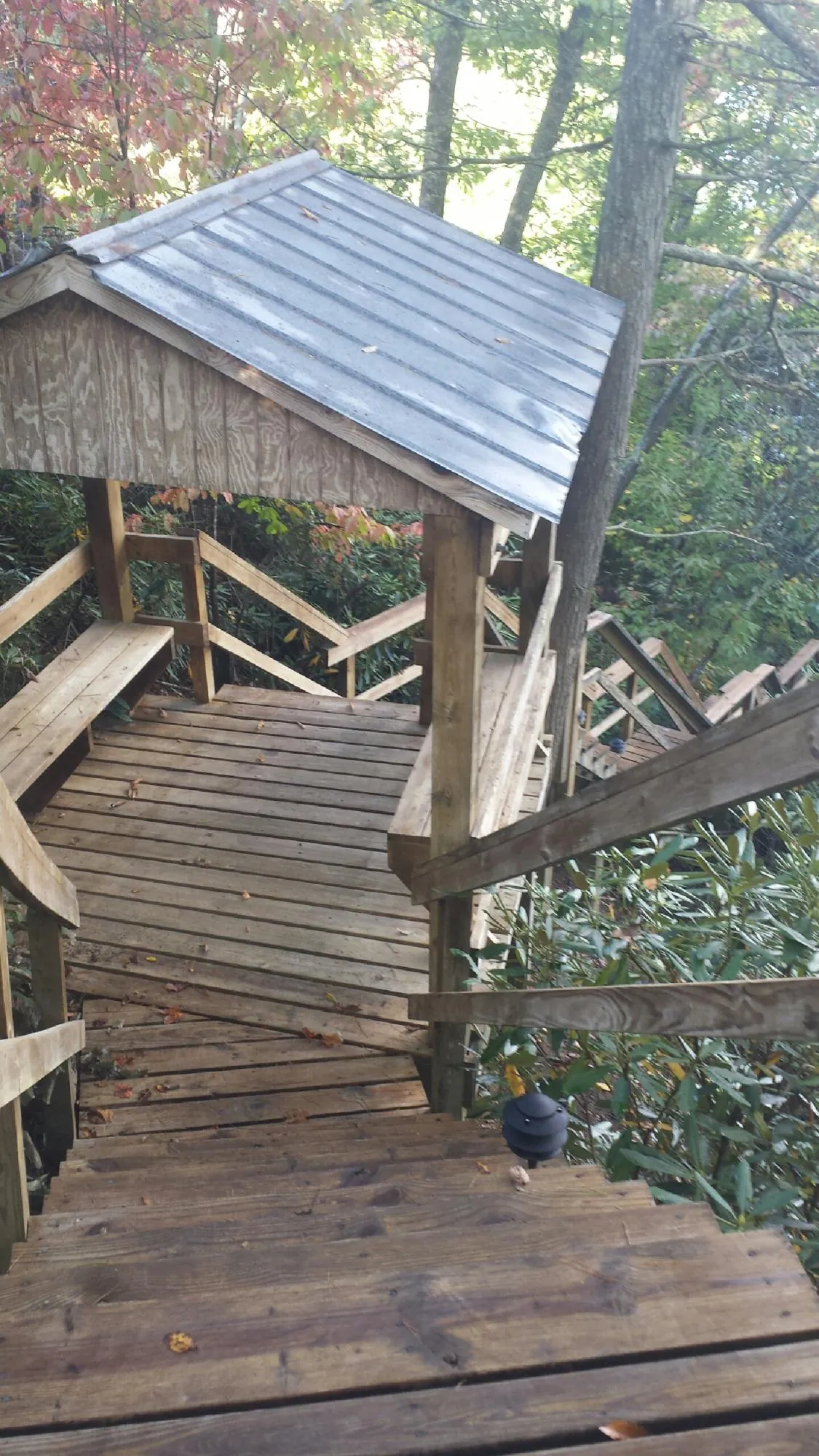 Metal roofed shelter over wooden steps on a wooded walkway — Skylight Repair & Installation work by our crew in Harriman